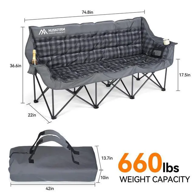 Alt view image 5 of 7 - 3 Person Camping Chair Padded Loveseat Camping Chair Folding Grey