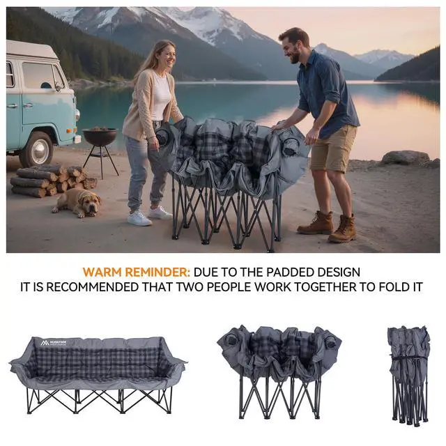 Alt view image 6 of 7 - 3 Person Camping Chair Padded Loveseat Camping Chair Folding Grey