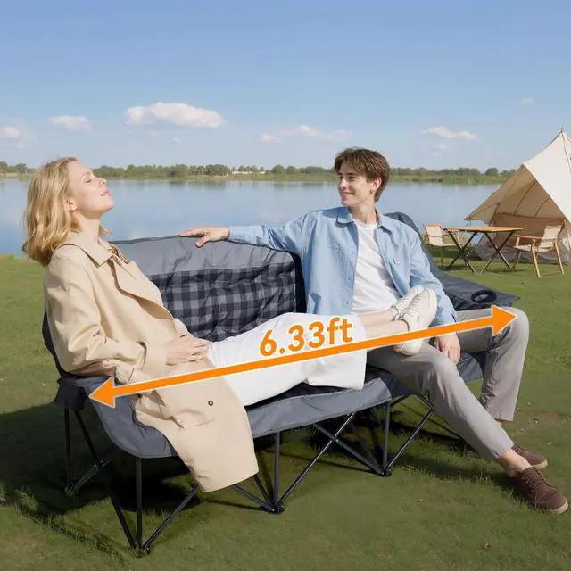 Alt view image 7 of 7 - 3 Person Camping Chair Padded Loveseat Camping Chair Folding Grey