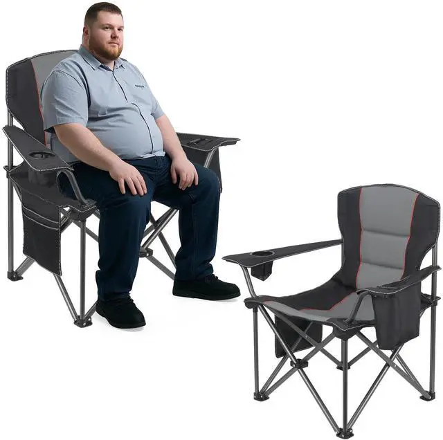 Main image of 2 Pack Heavy Duty Oversized Camping Chair for Adults 400lbs w/Lumbar Support - Folding Chairs with Side Pocket, Cup Holder & Cooler Bag for Beach, Fishing, Lawn, Backyard Black