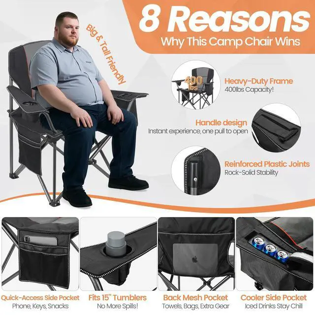 Alt view image 2 of 7 - 2 Pack Heavy Duty Oversized Camping Chair for Adults 400lbs w/Lumbar Support - Folding Chairs with Side Pocket, Cup Holder & Cooler Bag for Beach, Fishing, Lawn, Backyard Black