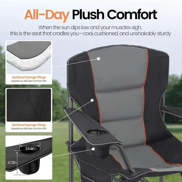 Alt view image 3 of 7 - 2 Pack Heavy Duty Oversized Camping Chair for Adults 400lbs w/Lumbar Support - Folding Chairs with Side Pocket, Cup Holder & Cooler Bag for Beach, Fishing, Lawn, Backyard Black