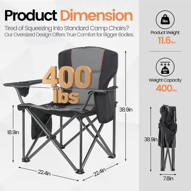 Alt view image 4 of 7 - 2 Pack Heavy Duty Oversized Camping Chair for Adults 400lbs w/Lumbar Support - Folding Chairs with Side Pocket, Cup Holder & Cooler Bag for Beach, Fishing, Lawn, Backyard Black