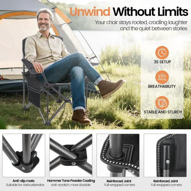 Alt view image 5 of 7 - 2 Pack Heavy Duty Oversized Camping Chair for Adults 400lbs w/Lumbar Support - Folding Chairs with Side Pocket, Cup Holder & Cooler Bag for Beach, Fishing, Lawn, Backyard Black