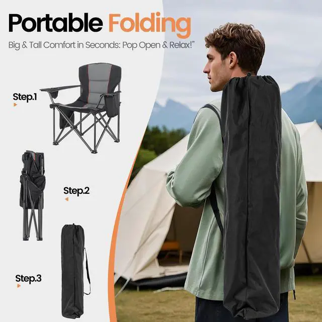 Alt view image 6 of 7 - 2 Pack Heavy Duty Oversized Camping Chair for Adults 400lbs w/Lumbar Support - Folding Chairs with Side Pocket, Cup Holder & Cooler Bag for Beach, Fishing, Lawn, Backyard Black