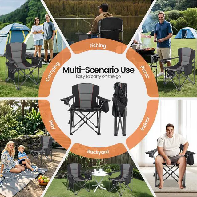 Alt view image 7 of 7 - 2 Pack Heavy Duty Oversized Camping Chair for Adults 400lbs w/Lumbar Support - Folding Chairs with Side Pocket, Cup Holder & Cooler Bag for Beach, Fishing, Lawn, Backyard Black
