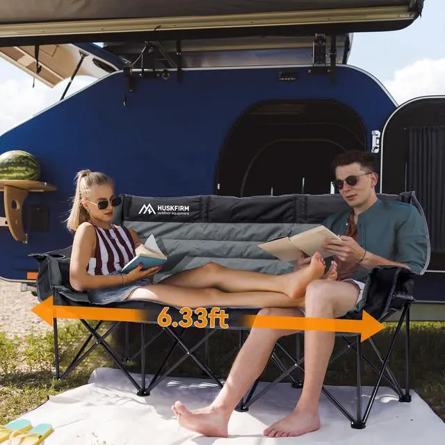 Alt view image 2 of 7 - 3 Person Camping Chairs Folding Double Camp Chair for Adults Black