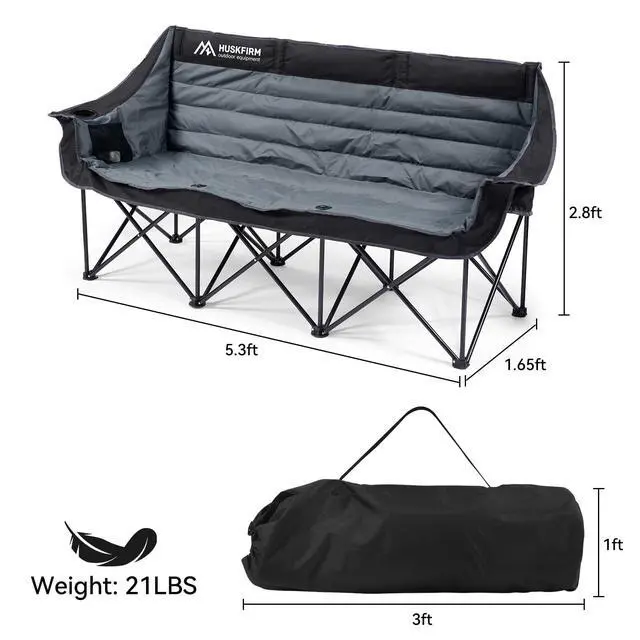 Alt view image 5 of 7 - 3 Person Camping Chairs Folding Double Camp Chair for Adults Black