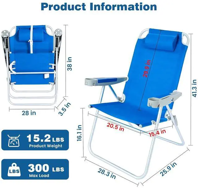 Alt view image 4 of 7 - Oversized Tall Folding Beach Chair Lightweight, 17" Portable Sand Chair for Adults Heavy Duty 500 LBS with Cup Holders, Foldable High Camping Lawn Chairs for Camp/Outdoor/Picnic/Sports