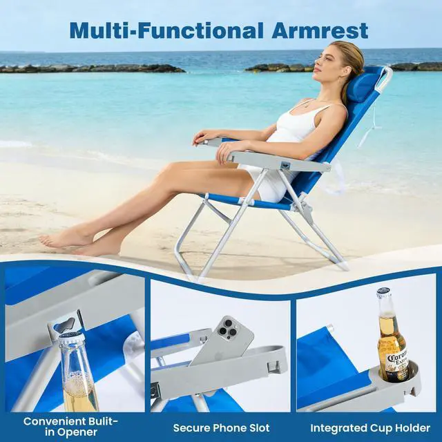 Alt view image 3 of 7 - Oversized Tall Folding Beach Chair Lightweight, 17" Portable Sand Chair for Adults Heavy Duty 500 LBS with Cup Holders, Foldable High Camping Lawn Chairs for Camp/Outdoor/Picnic/Sports