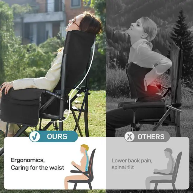 Alt view image 2 of 7 - Oversized Folding Camping Chair for Adults with Adjustable Lumbar Support, Heavy Duty Chair with Side Pockets, Portable Collapsible Quad Chair for Outside, Support Up to 500lbs,Black