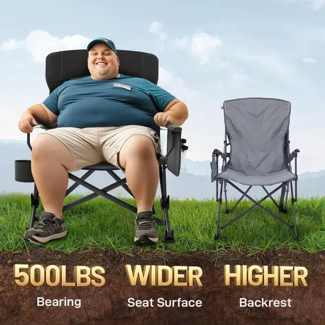 Alt view image 3 of 7 - Oversized Folding Camping Chair for Adults with Adjustable Lumbar Support, Heavy Duty Chair with Side Pockets, Portable Collapsible Quad Chair for Outside, Support Up to 500lbs,Black