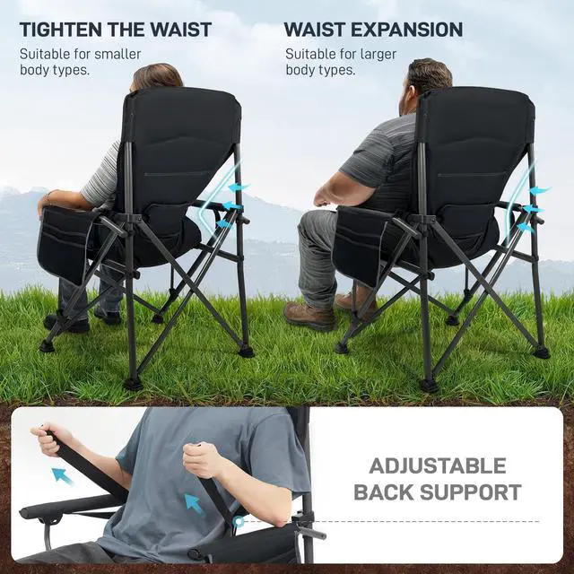 Alt view image 4 of 7 - Oversized Folding Camping Chair for Adults with Adjustable Lumbar Support, Heavy Duty Chair with Side Pockets, Portable Collapsible Quad Chair for Outside, Support Up to 500lbs,Black