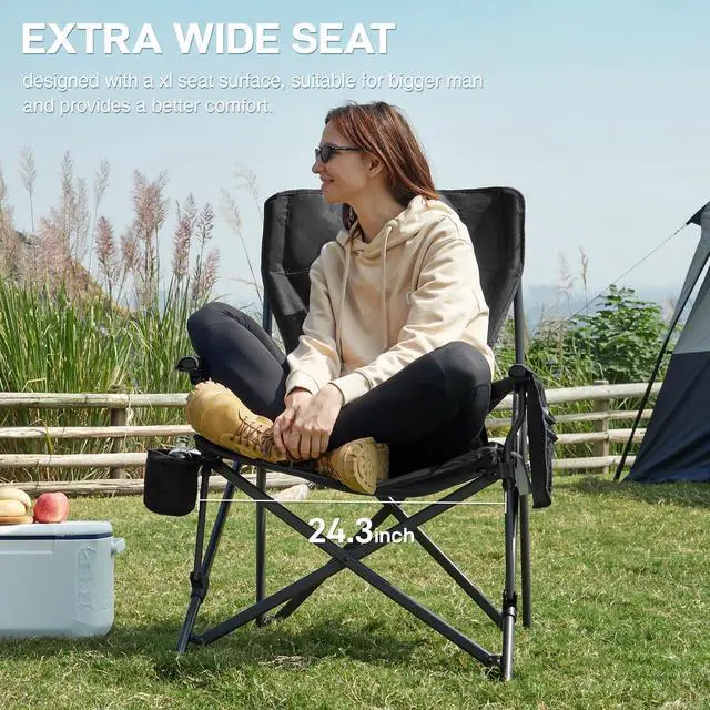 Alt view image 5 of 7 - Oversized Folding Camping Chair for Adults with Adjustable Lumbar Support, Heavy Duty Chair with Side Pockets, Portable Collapsible Quad Chair for Outside, Support Up to 500lbs,Black