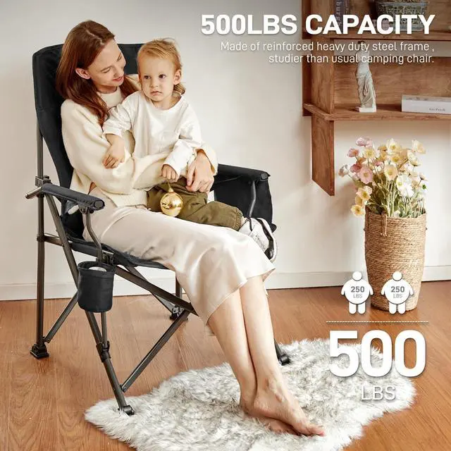 Alt view image 6 of 7 - Oversized Folding Camping Chair for Adults with Adjustable Lumbar Support, Heavy Duty Chair with Side Pockets, Portable Collapsible Quad Chair for Outside, Support Up to 500lbs,Black