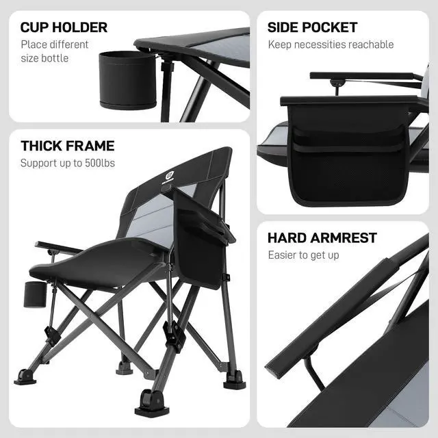 Alt view image 7 of 7 - Oversized Folding Camping Chair for Adults with Adjustable Lumbar Support, Heavy Duty Chair with Side Pockets, Portable Collapsible Quad Chair for Outside, Support Up to 500lbs,Black