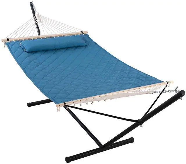 Main image of Double Hammock with 12 Feet Heavy Duty Steel Stand Combo, 2 Person Quilted Hammock with Stand for Outside, 450 LBS Weight Capacity, Blue