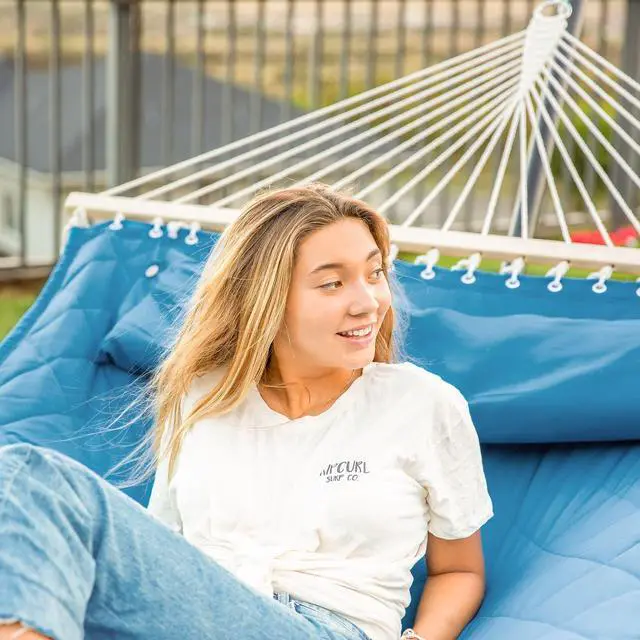 Alt view image 2 of 7 - Double Hammock with 12 Feet Heavy Duty Steel Stand Combo, 2 Person Quilted Hammock with Stand for Outside, 450 LBS Weight Capacity, Blue