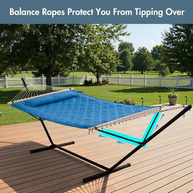 Alt view image 4 of 7 - Double Hammock with 12 Feet Heavy Duty Steel Stand Combo, 2 Person Quilted Hammock with Stand for Outside, 450 LBS Weight Capacity, Blue