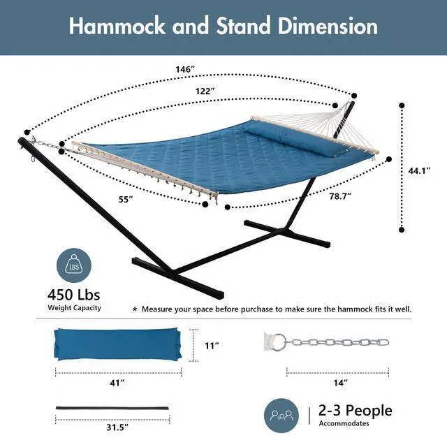 Alt view image 6 of 7 - Double Hammock with 12 Feet Heavy Duty Steel Stand Combo, 2 Person Quilted Hammock with Stand for Outside, 450 LBS Weight Capacity, Blue