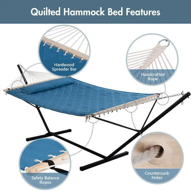 Alt view image 3 of 7 - Double Hammock with 12 Feet Heavy Duty Steel Stand Combo, 2 Person Quilted Hammock with Stand for Outside, 450 LBS Weight Capacity, Blue