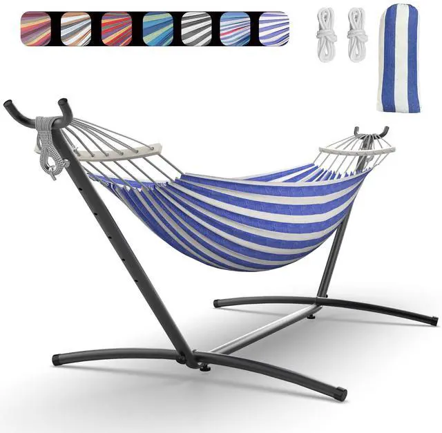 Main image of Double Hammock with Heavy-Duty Steel Stand,Portable,Easy Assembly,600lbs Weight Capacity,Perfect for Indoor,Yard,Camping,or Outdoor-BlueWhite