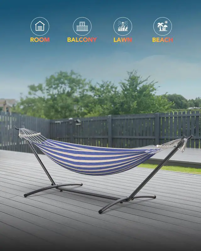 Alt view image 2 of 6 - Double Hammock with Heavy-Duty Steel Stand,Portable,Easy Assembly,600lbs Weight Capacity,Perfect for Indoor,Yard,Camping,or Outdoor-BlueWhite