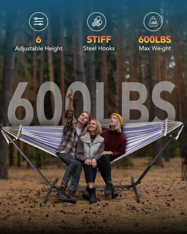 Alt view image 3 of 6 - Double Hammock with Heavy-Duty Steel Stand,Portable,Easy Assembly,600lbs Weight Capacity,Perfect for Indoor,Yard,Camping,or Outdoor-BlueWhite