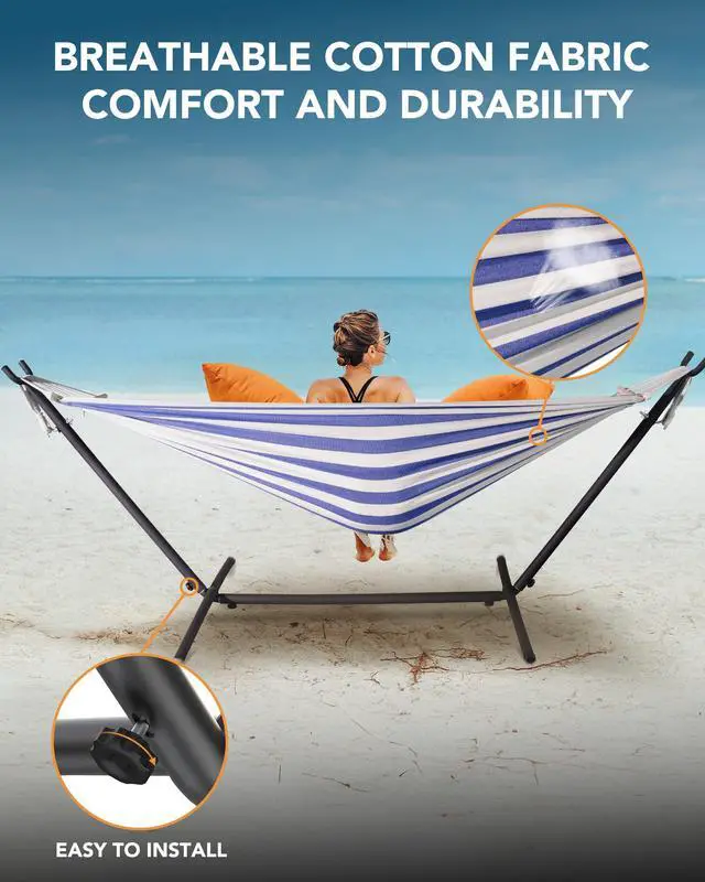 Alt view image 5 of 6 - Double Hammock with Heavy-Duty Steel Stand,Portable,Easy Assembly,600lbs Weight Capacity,Perfect for Indoor,Yard,Camping,or Outdoor-BlueWhite