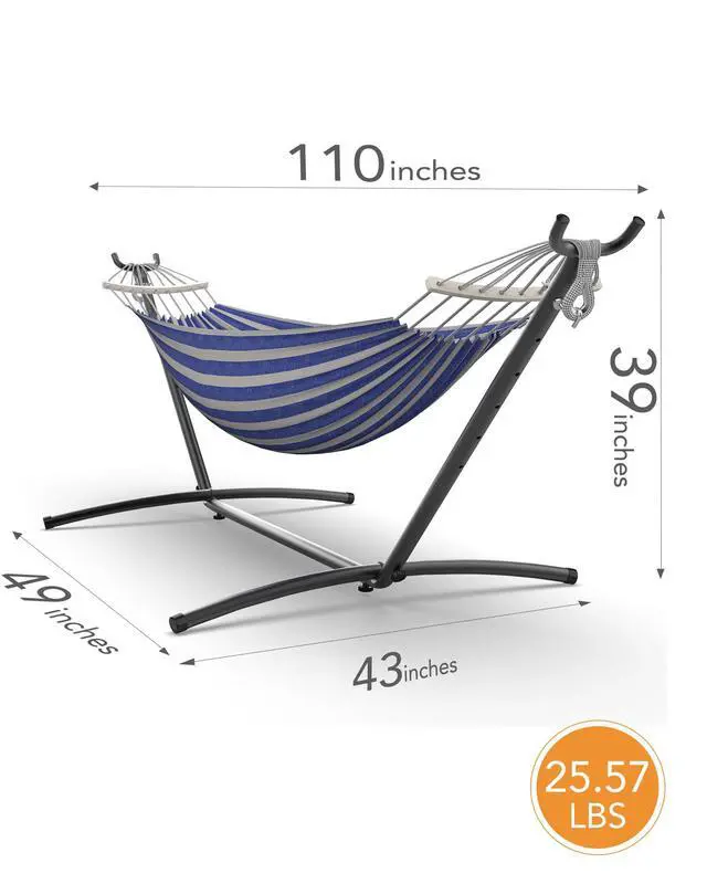 Alt view image 6 of 6 - Double Hammock with Heavy-Duty Steel Stand,Portable,Easy Assembly,600lbs Weight Capacity,Perfect for Indoor,Yard,Camping,or Outdoor-BlueWhite