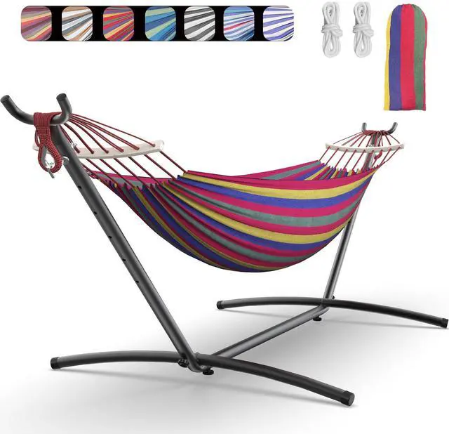 Main image of Double Hammock with Heavy-Duty Steel Stand,Portable,Easy Assembly,600lbs Weight Capacity,Suit for Indoor,Yard,Camping,or Outdoor-Wide Red
