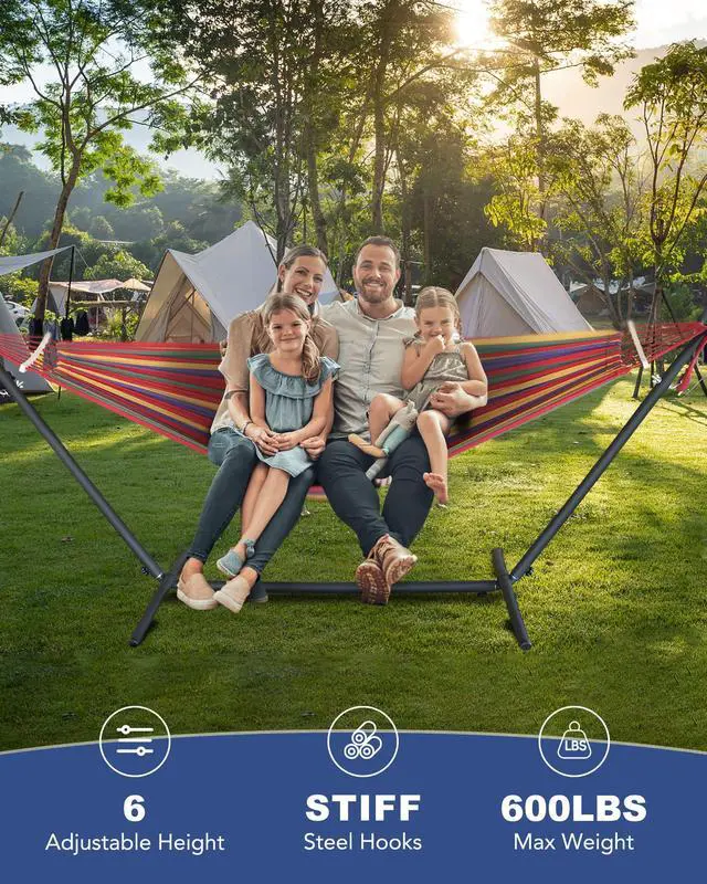 Alt view image 2 of 6 - Double Hammock with Heavy-Duty Steel Stand,Portable,Easy Assembly,600lbs Weight Capacity,Suit for Indoor,Yard,Camping,or Outdoor-Wide Red