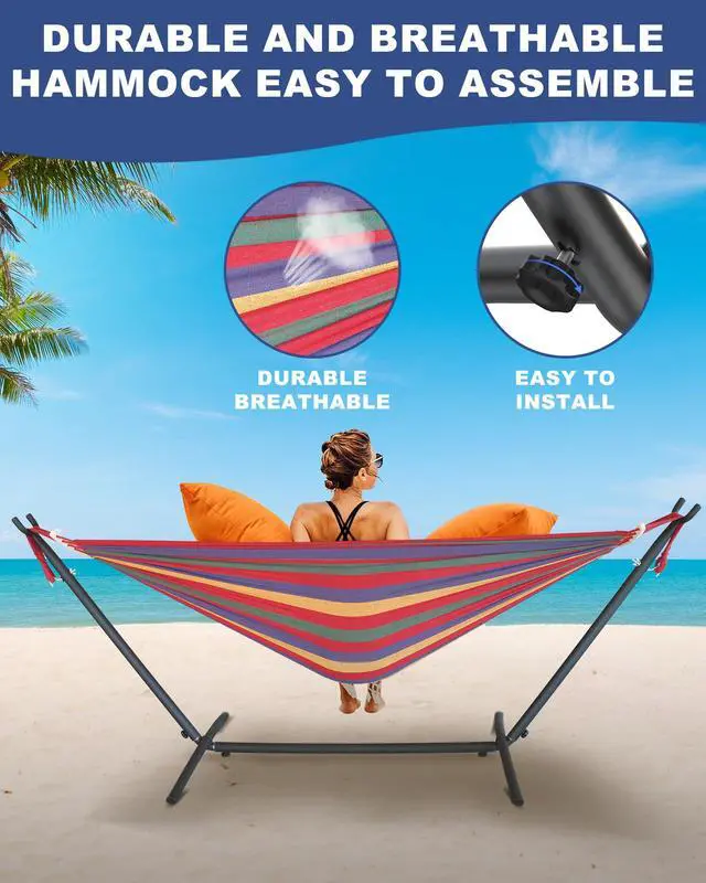 Alt view image 4 of 6 - Double Hammock with Heavy-Duty Steel Stand,Portable,Easy Assembly,600lbs Weight Capacity,Suit for Indoor,Yard,Camping,or Outdoor-Wide Red