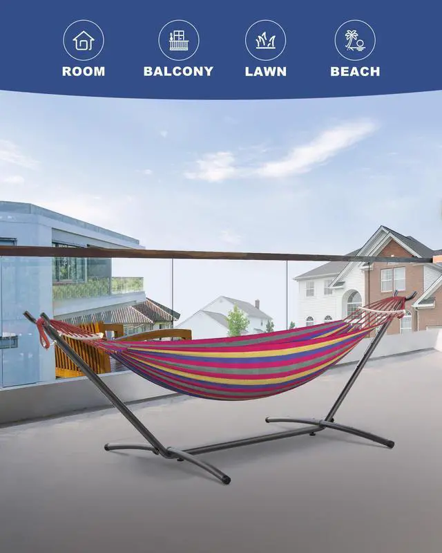 Alt view image 5 of 6 - Double Hammock with Heavy-Duty Steel Stand,Portable,Easy Assembly,600lbs Weight Capacity,Suit for Indoor,Yard,Camping,or Outdoor-Wide Red