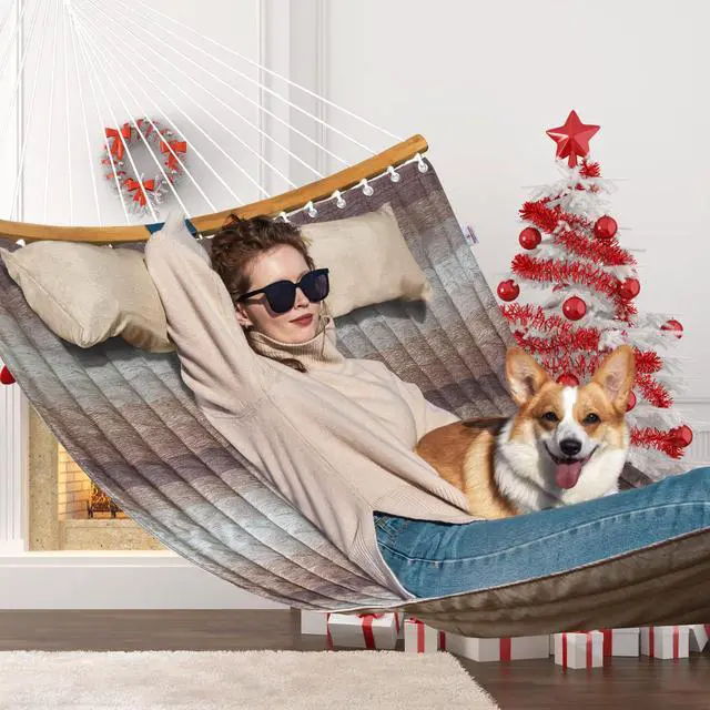 Alt view image 2 of 7 - Double Hammock, 11 FT Quilted Fabric 2 Person Hammock for Outside with Pillow, Folding Curved Spreader Bar, Chains, Carrying Bag, Indoor Outdoor, 450 IB Capacity, Aqua Green