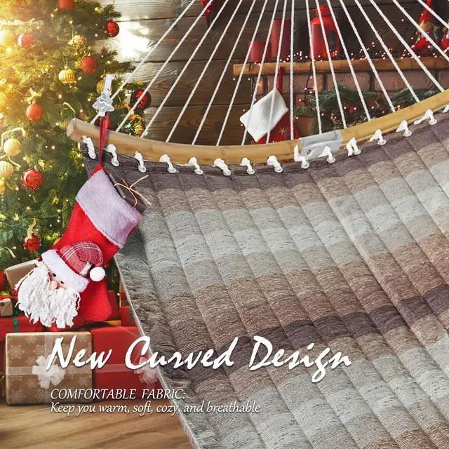 Alt view image 3 of 7 - Double Hammock, 11 FT Quilted Fabric 2 Person Hammock for Outside with Pillow, Folding Curved Spreader Bar, Chains, Carrying Bag, Indoor Outdoor, 450 IB Capacity, Aqua Green
