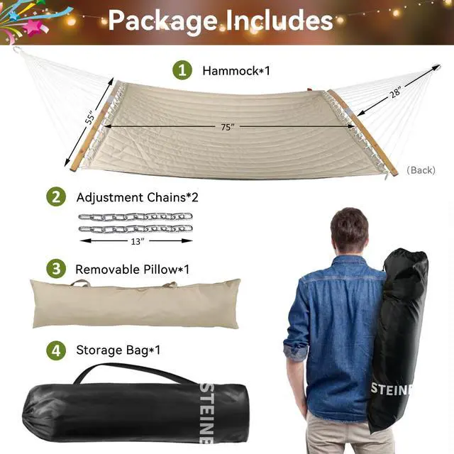 Alt view image 7 of 7 - Double Hammock, 11 FT Quilted Fabric 2 Person Hammock for Outside with Pillow, Folding Curved Spreader Bar, Chains, Carrying Bag, Indoor Outdoor, 450 IB Capacity, Aqua Green