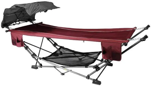 Main image of Limited Portable Folding Metal Framed Hammock with a Retractable Canopy, Perfect for Camping, Patio, Outdoor, and Relaxing, Side Pockets Included, Red (Pack of 1)