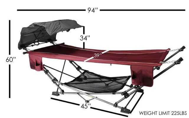 Alt view image 3 of 7 - Limited Portable Folding Metal Framed Hammock with a Retractable Canopy, Perfect for Camping, Patio, Outdoor, and Relaxing, Side Pockets Included, Red (Pack of 1)