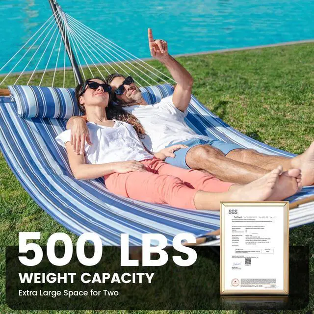 Alt view image 2 of 5 - Double Hammock with Stand 500lbs Heavy Duty Outdoor Two Person Blue