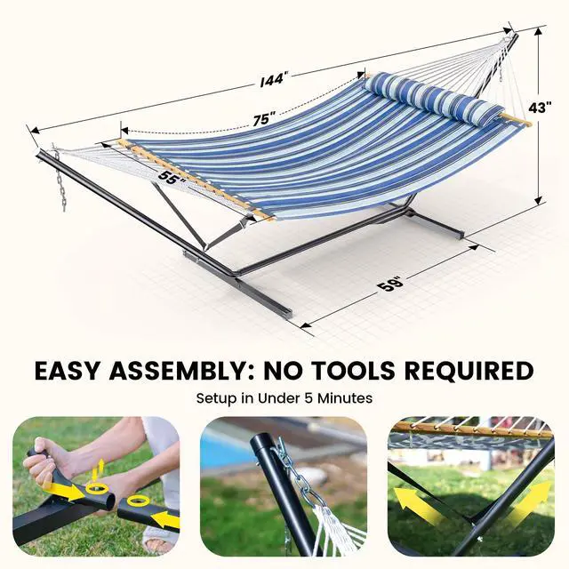 Alt view image 5 of 5 - Double Hammock with Stand 500lbs Heavy Duty Outdoor Two Person Blue