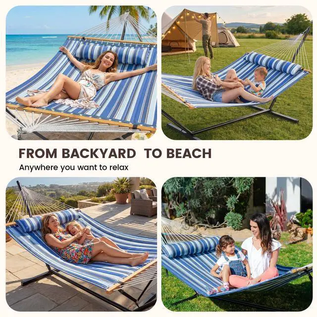 Alt view image 4 of 5 - Double Hammock with Stand 500lbs Heavy Duty Outdoor Two Person Blue
