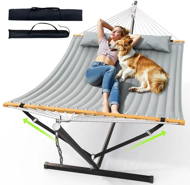 Main image of Double Hammock with Stand 500lbs Heavy Duty Outdoor Two Person Gray