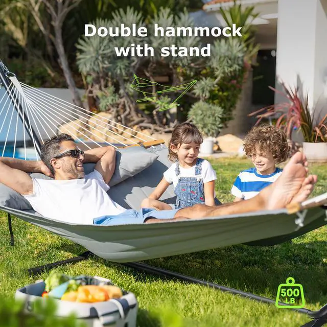 Alt view image 2 of 6 - Double Hammock with Stand 500lbs Heavy Duty Outdoor Two Person Gray