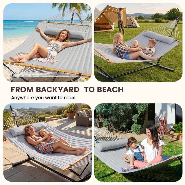 Alt view image 5 of 6 - Double Hammock with Stand 500lbs Heavy Duty Outdoor Two Person Gray