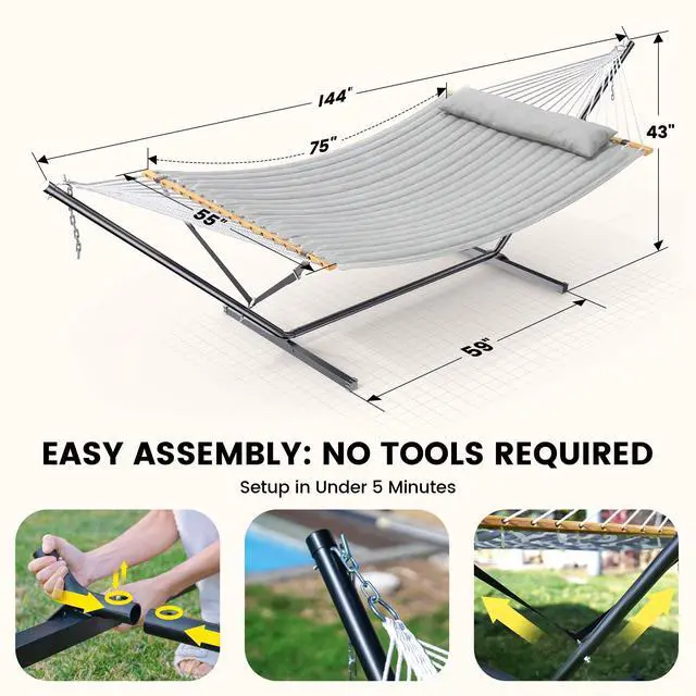 Alt view image 6 of 6 - Double Hammock with Stand 500lbs Heavy Duty Outdoor Two Person Gray