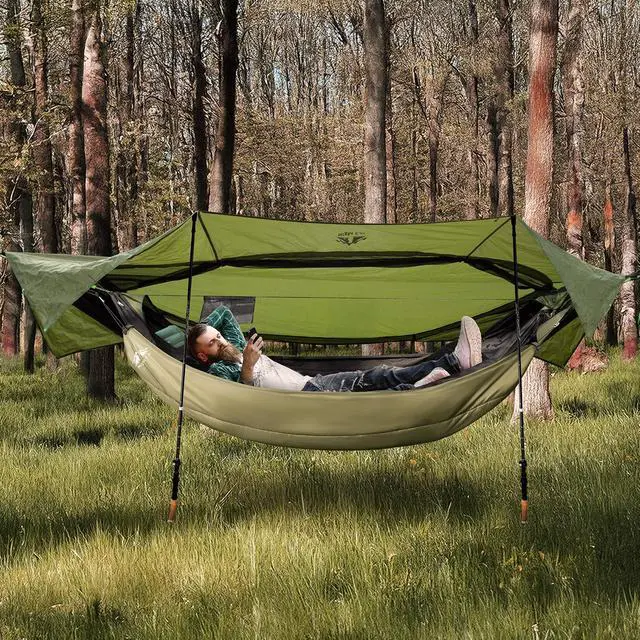 Alt view image 2 of 7 - Camping Hammock Tent: Lightweight Portable 4 in 1 Hammock with Rain Tarp and Mosquito Net for Adults Hiking Jungle Outdoor Green