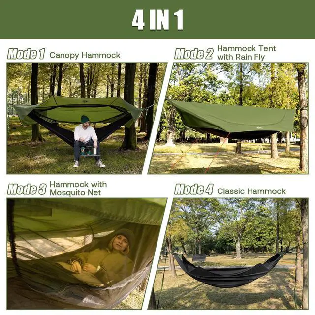 Alt view image 3 of 7 - Camping Hammock Tent: Lightweight Portable 4 in 1 Hammock with Rain Tarp and Mosquito Net for Adults Hiking Jungle Outdoor Green