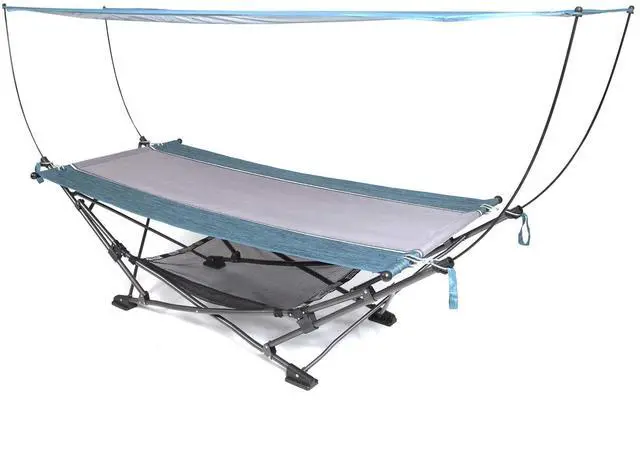Main image of Collapsible Portable Folding Hammock with Removable Canopy - Includes Pillow and Mesh Storage Net, Freestanding, Heavy Duty, Outdoor Hammock (Teal)