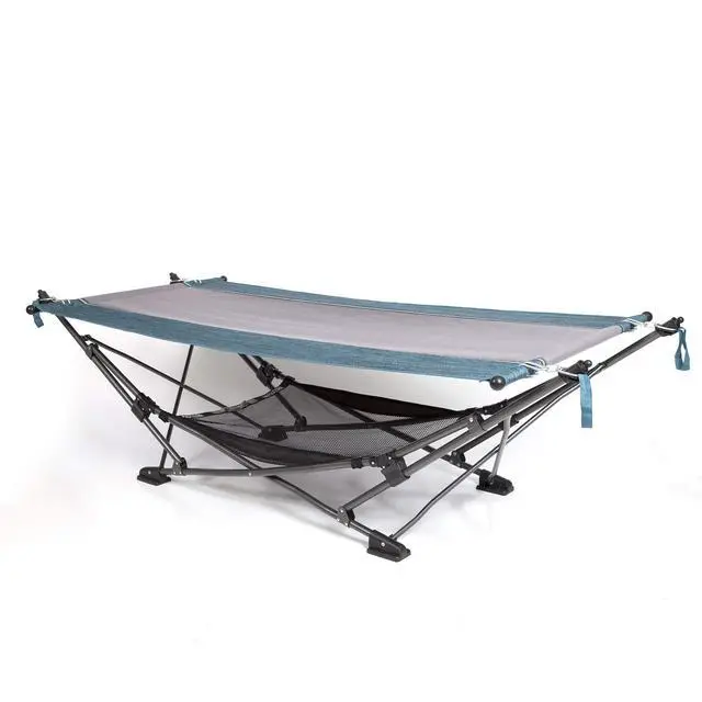 Alt view image 2 of 4 - Collapsible Portable Folding Hammock with Removable Canopy - Includes Pillow and Mesh Storage Net, Freestanding, Heavy Duty, Outdoor Hammock (Teal)